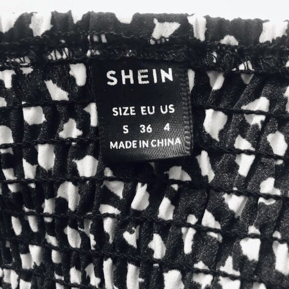 SHEIN Black and White Stretchy Smoked Bodice Boho Tiered Midi Dress Size 4 - Picture 5 of 6